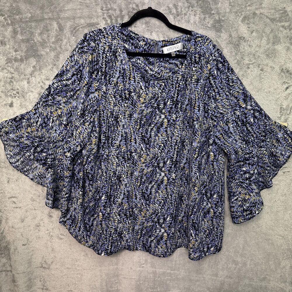 Kasper Top Layered Blouse 3X overlay blue black bell sleeve tunic